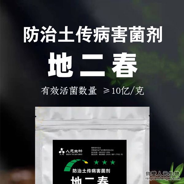 【地二春】土傳病害防治菌劑由河南省微生物菌劑工程技術(shù)研究中心研制，鶴壁市人元生物技術(shù)發(fā)展有限公司生產(chǎn)，本品根據(jù)土壤生態(tài)環(huán)境及土傳病害機(jī)理，以枯草、地衣芽孢桿菌、哈茨木霉菌、放線菌、白僵菌、綠僵菌及淡紫擬青霉等菌群為主，經(jīng)特殊培養(yǎng)精心研制而成的新一代抗土傳病害復(fù)合微生物菌劑。