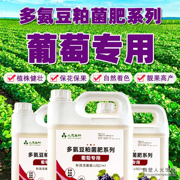 多氨豆粕菌肥系列葡萄專用肥由河南省微生物菌劑工程技術(shù)研究中心研制，鶴壁市人元生物技術(shù)發(fā)展有限公司生產(chǎn)，本品是以固態(tài)發(fā)酵豆粕為主要原料，豆粕經(jīng)過有益微生物菌種發(fā)酵分解，充分釋放游離氨基酸，同時輔以枯草、地衣、膠凍樣芽孢桿菌等有益菌群。